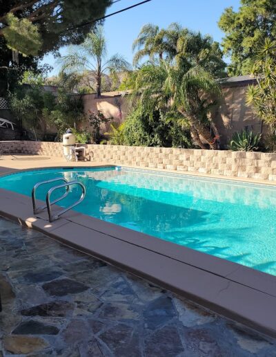 A tranquil backyard with a swimming pool, patio chairs, and tropical landscaping under a clear sky.